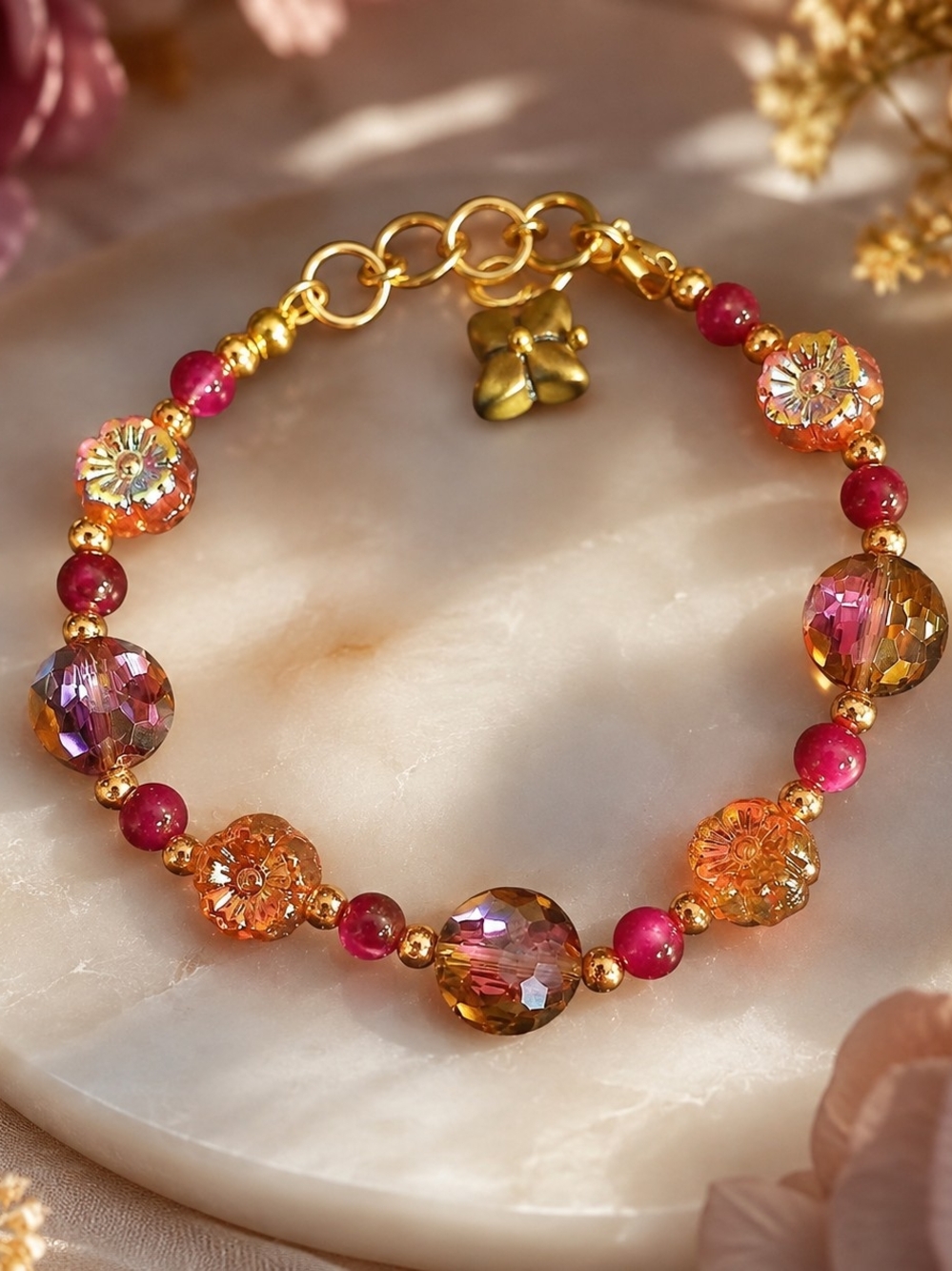 Gold-Tone Pink & Orange Crystal Bead Bracelet